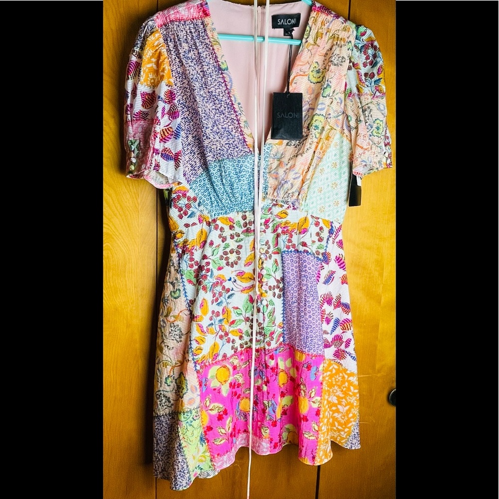 NWT SALONI Sheer Stripe Cotton Patchwork Zip Mini Dress w/Lining, Size 8